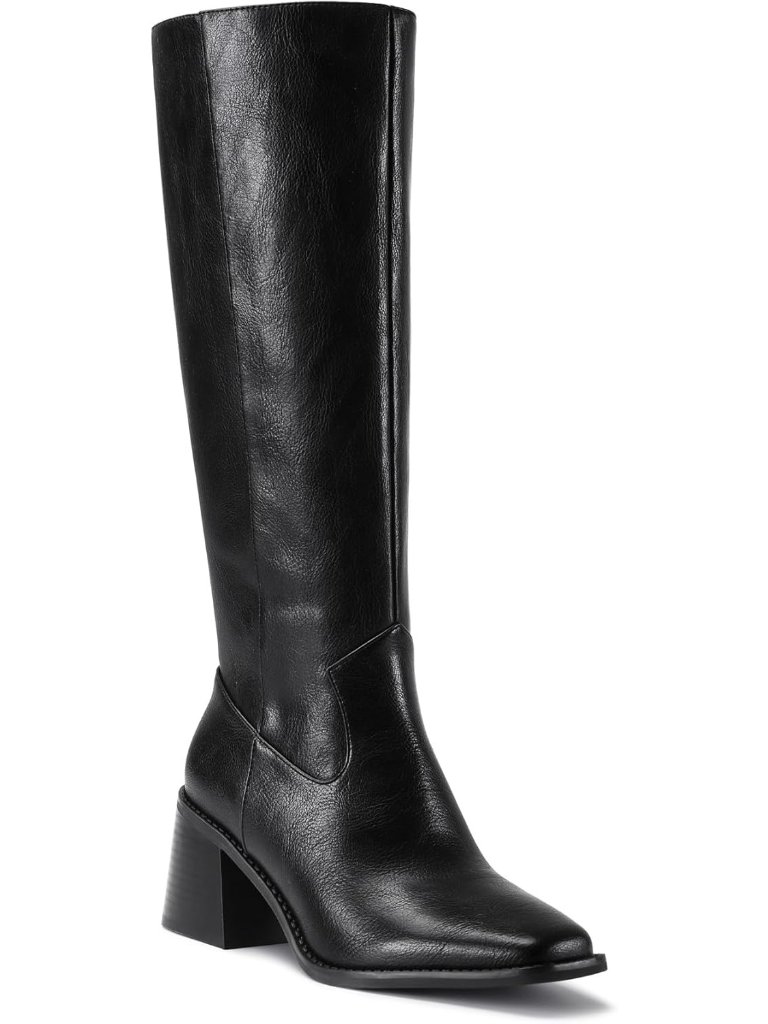 Women's Black Polyurethane Knee High Boots Squared Toe Chunky Heel Tall Boots